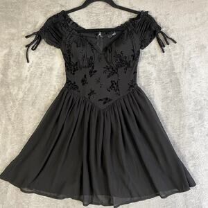Black Mini Dress XS Puffy Sleeve Mesh Velvet Cottagecore Fairy Gothcore Milkmaid